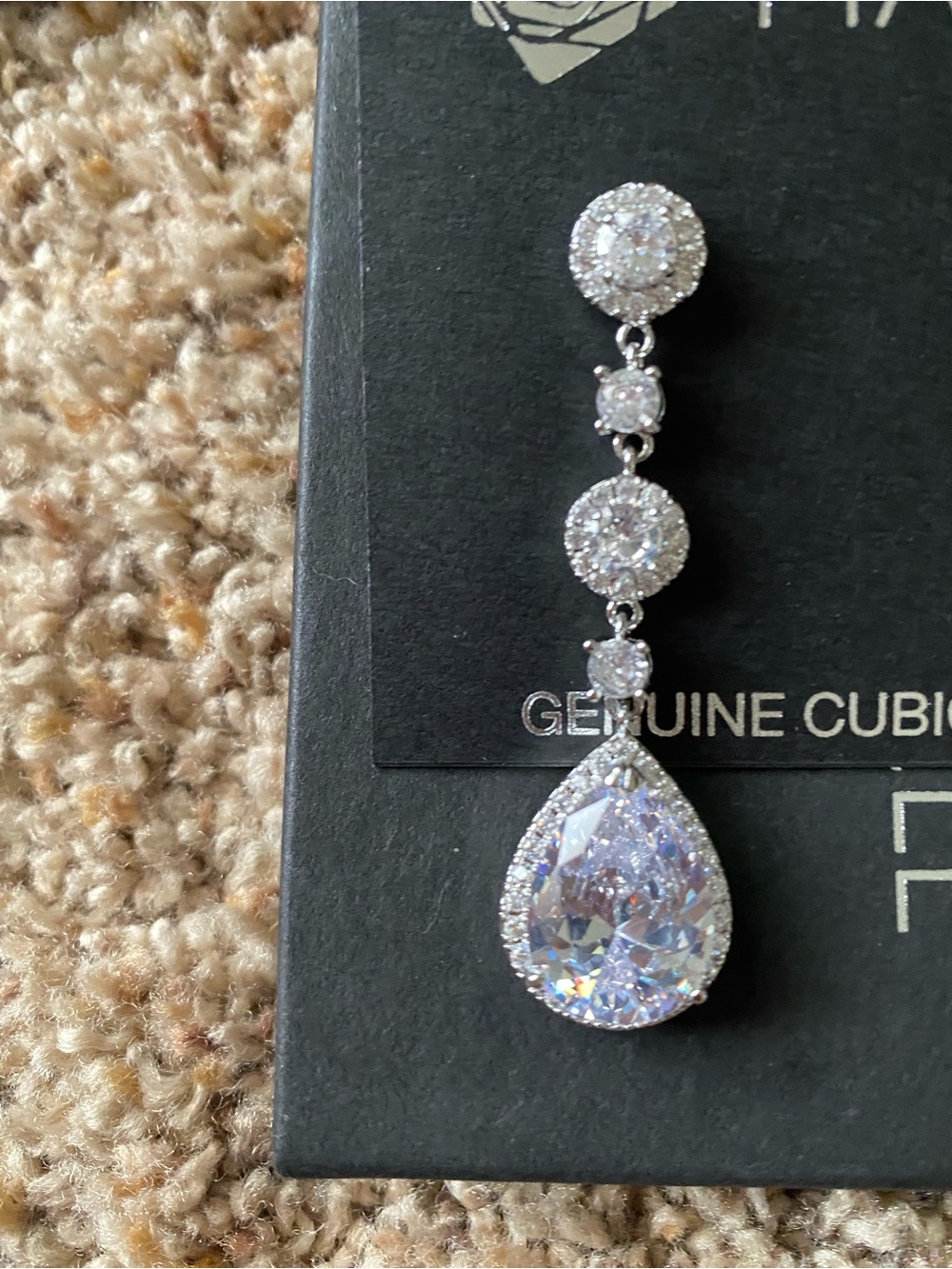 Silver Teardrop Dangle Earrings with Clear Cubic Stones - 2.25” long